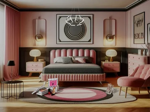 stylish bedroom featuring pink bedding and furniture, designed with smart furniture arrangement for space optimization, showcasing a modern interior decor style using Homestyler's real-time 3D rendering capability.