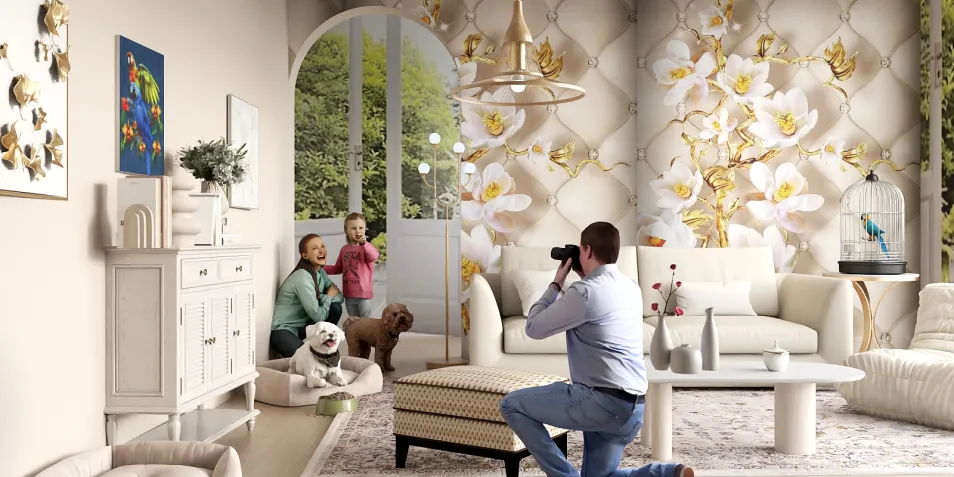 family posing for a photographer in a floral wallpapered living room, creating a cozy and inviting atmosphere, featuring interior decor ideas with Homestyler's real-time 3D rendering.