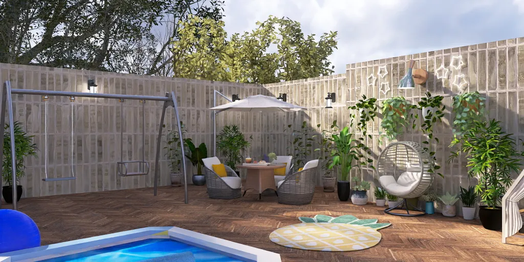 a patio with a garden hose and a table with a umbrella 