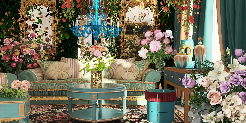 a living room filled with furniture and flowers 