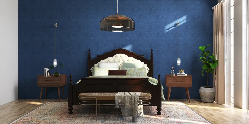 a bed with a wooden headboard and a lamp 