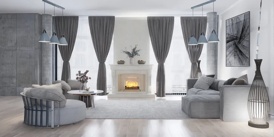 a living room with a fireplace and a large mirror 