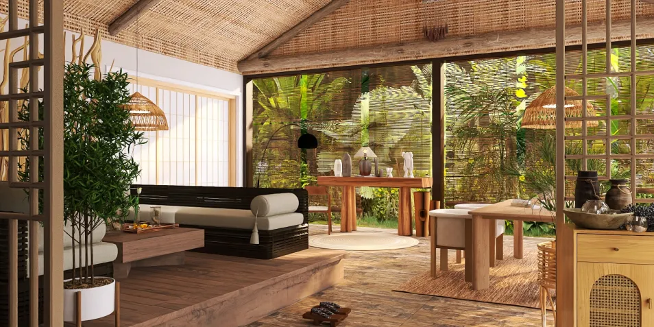open concept living room showcasing natural materials and tropical plants, featuring smart furniture arrangement for optimized small space, utilizing Homestyler's real-time 3D rendering for quick design visualization