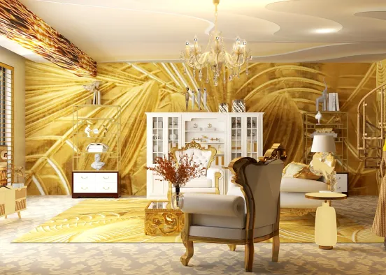 Gold and white living room. Design Rendering