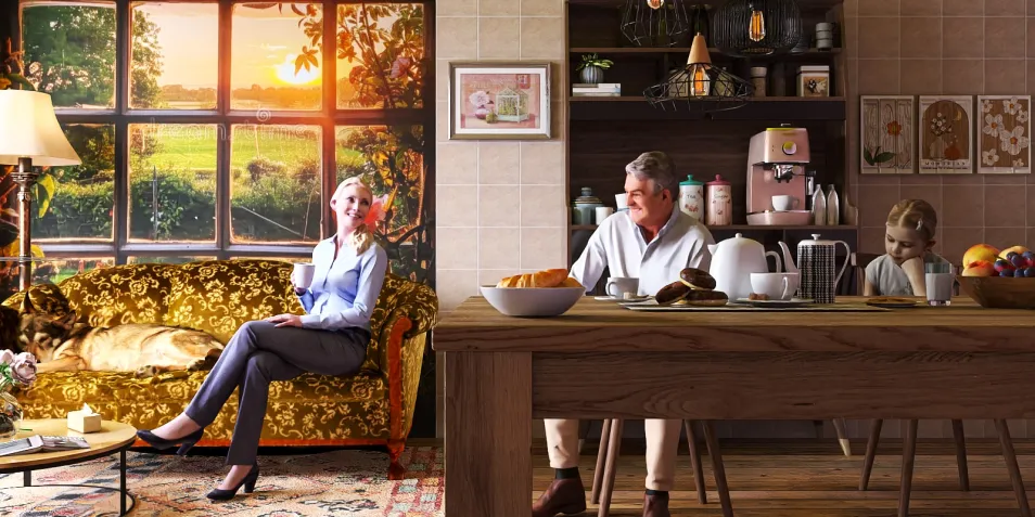 Cozy living room scene with a woman relaxing on a vintage sofa and a family enjoying breakfast at a rustic dining table, showcasing a warm, inviting style and integrating Homestyler's real-time 3D rendering feature for interior design visualization.