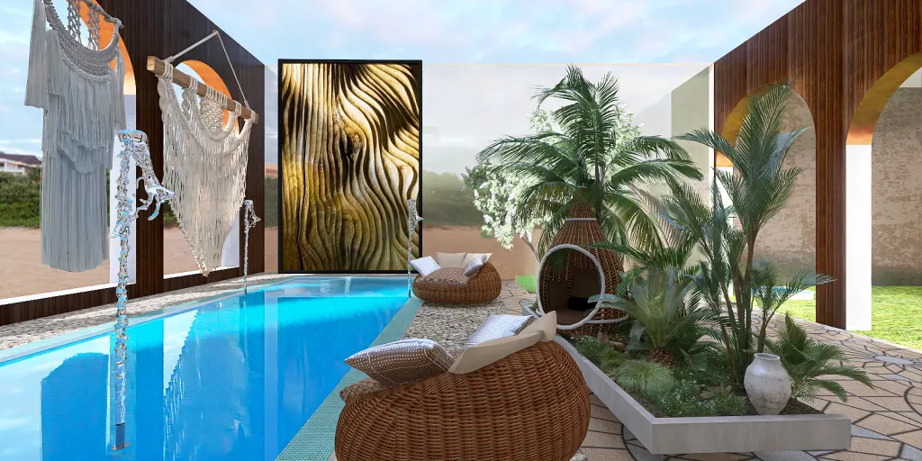 a living room with a pool and a chair 