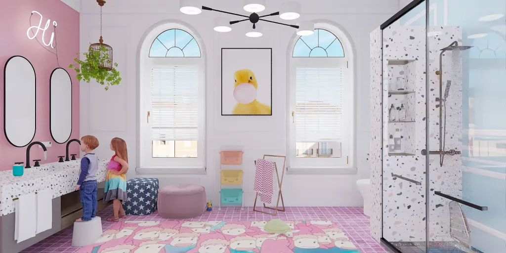 a small child is sitting in a small room 