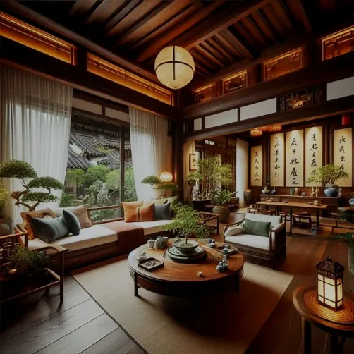 A traditional living room with elegant wooden accents and lush greenery, showcasing a serene atmosphere and harmonious style, featuring interior decor optimized with Homestyler's real-time 3D rendering for an immersive design experience.