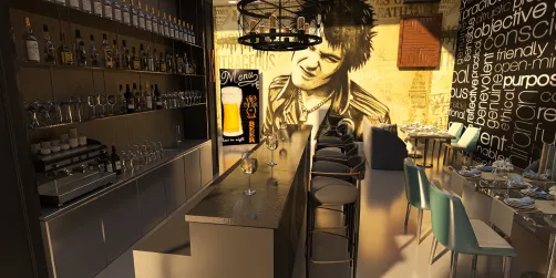 modern bar interior with stylish seating and creative graffiti art featuring a rock theme, utilizing Homestyler's real-time 3D rendering for a visual preview of the design.