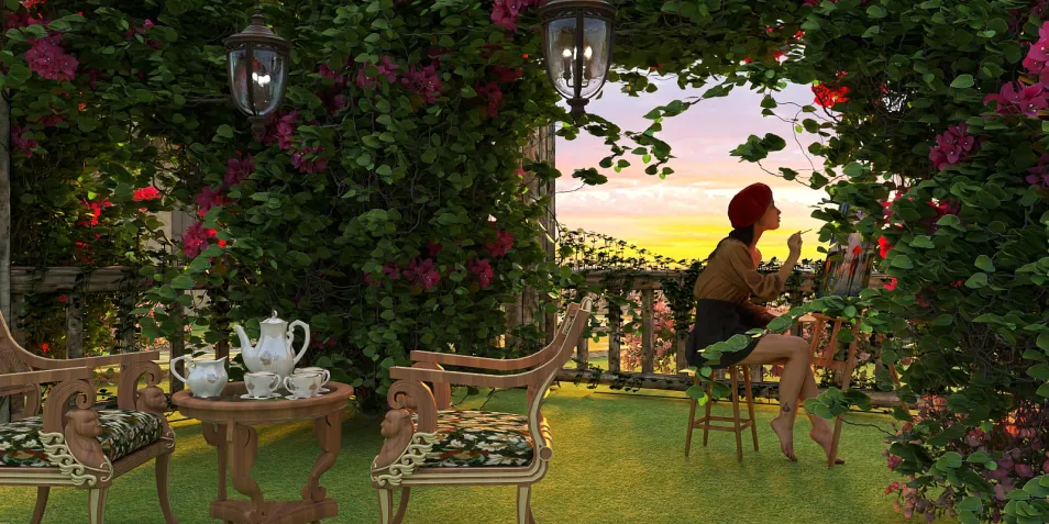 A cozy seating area surrounded by vibrant flowers, featuring a woman enjoying a sunset, showcasing an outdoor garden design style with a focus on creating a harmonious space for relaxation and socialization using Homestyler's real-time 3D rendering feature.