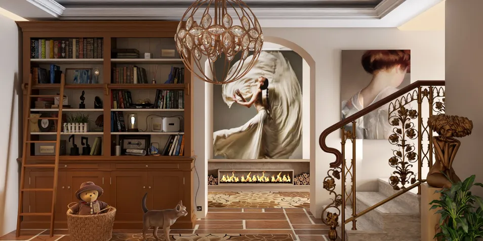 A cozy living room featuring a wooden bookshelf with decorative items, a wall art depicting a woman in motion, and a stylish staircase. The design showcases traditional elegance while incorporating homestyler's real-time 3D rendering functionality to enhance the interior space visualization.