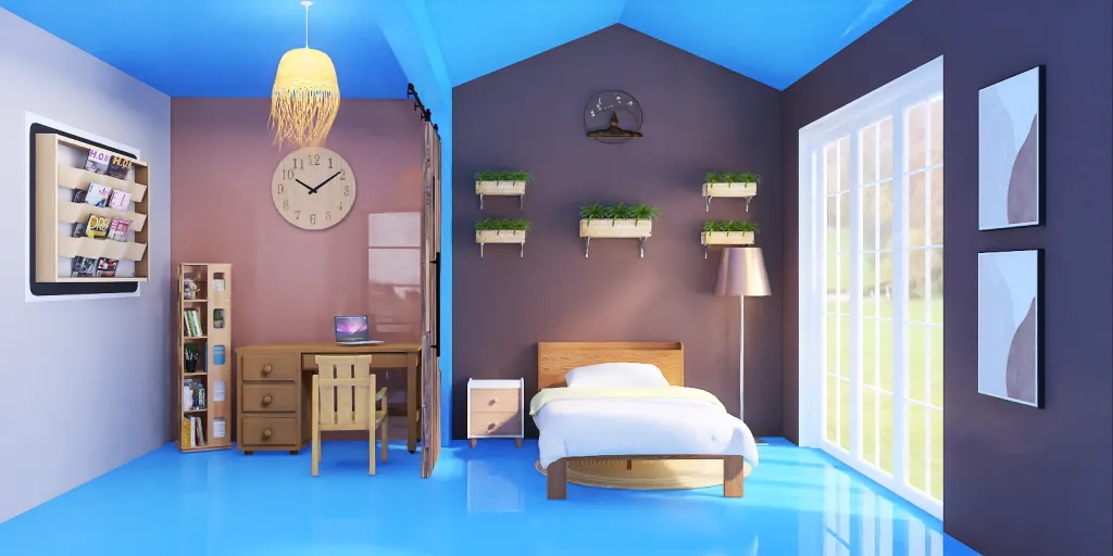 a bedroom with a bed, a desk and a lamp 