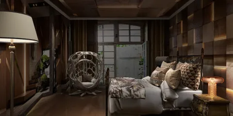 luxurious bedroom interior design featuring a stylish wooden accent wall and elegant furnishings, showcasing the use of Homestyler's real-time 3D rendering for design preview.