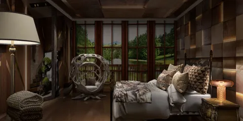 cozy bedroom design featuring a modern bed arrangement with a unique decorative chair, showcasing rustic and natural elements for a serene living space; utilizing Homestyler's real-time 3D rendering feature.