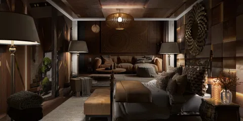 cozy bedroom interior design showcasing a warm color palette with rich textures and earthy tones featuring real-time 3D rendering functionality from Homestyler for an immersive design preview.