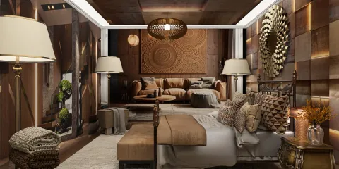 modern living room showcasing warm wood tones and intricate decor patterns designed with Homestyler's real-time 3D rendering feature for immersive interior design visualization.