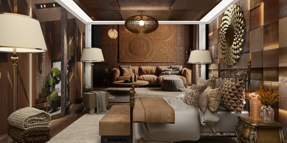 modern living room showcasing warm wood tones and intricate decor patterns designed with Homestyler's real-time 3D rendering feature for immersive interior design visualization.