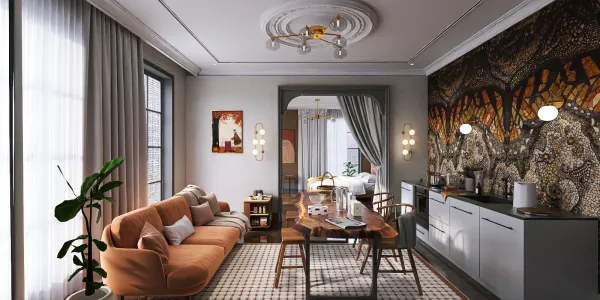 modern living room design featuring a cozy sofa and stylish dining table with intricate wall art, showcasing Homestyler's real-time 3D rendering for enhanced interior decor visualization
