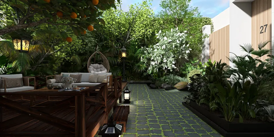 outdoor garden seating area featuring lush greenery and decorative lighting, designed using Homestyler's real-time 3D rendering for optimal outdoor space visualization