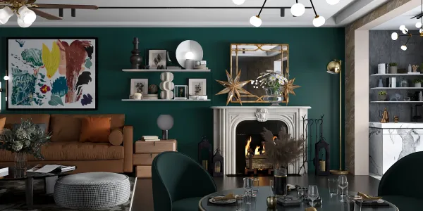 modern living room design showcasing a green accent wall, elegant furnishings, and stylish decor with a cozy fireplace, utilizing Homestyler's real-time 3D rendering feature for an immersive interior design experience.