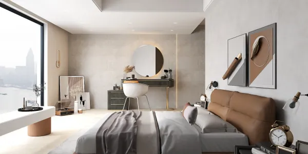 modern bedroom design featuring a stylish bed and elegant workspace, showcasing a minimalist aesthetic and natural light, utilizing Homestyler's real-time 3D rendering capability.
