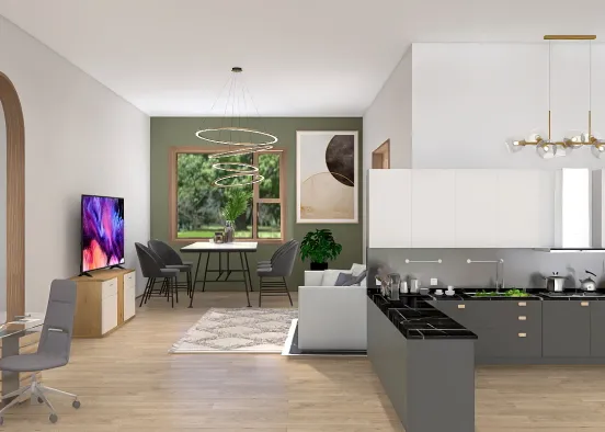The kitchen with small living room Design Rendering