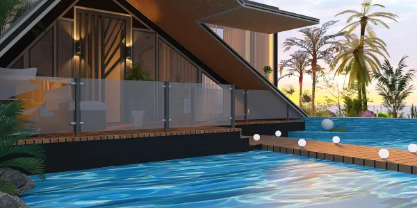 modern house exterior with scenic pool design featuring 3D water rendering and tropical landscaping, showcasing Homestyler’s real-time 3D rendering feature for realistic visual previews.