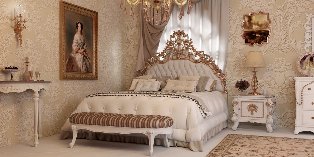 a bed with a white bedspread and a white dresser 
