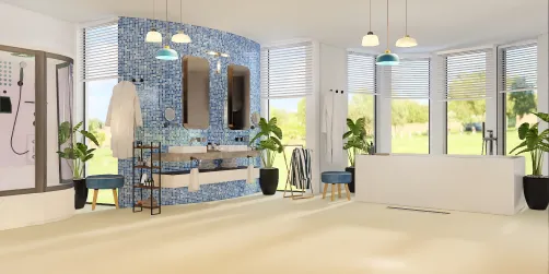 Blue Bathroom with shower and jacuzzi