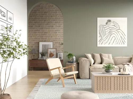 living room interior design featuring a cozy sofa and minimalist decor, showcasing a natural color palette and elegant style, utilizing Homestyler's real-time 3D rendering for efficient design visualization.