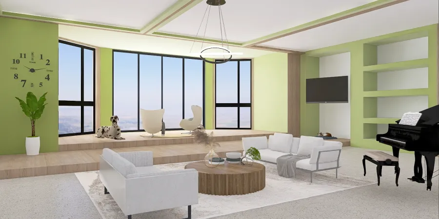 a living room with a large window and a large couch 
