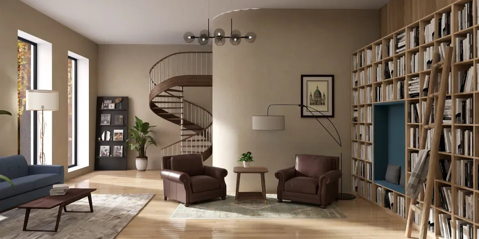 cozy living room design featuring leather armchairs and wooden bookshelves, optimized for a modern aesthetic, showcasing Homestyler's real-time 3D rendering feature.