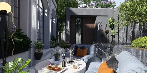 outdoor lounge area featuring modern furniture arrangements and lush greenery in a contemporary style, showcasing a blend of comfort and aesthetic appeal, utilizing Homestyler's real-time 3D rendering functionality for design proposal visualization.
