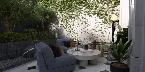 cozy outdoor seating arrangement with a round table and lush greenery backdrop, showcasing modern interior decor elements; features Homestyler's real-time 3D rendering for realistic design visualization.