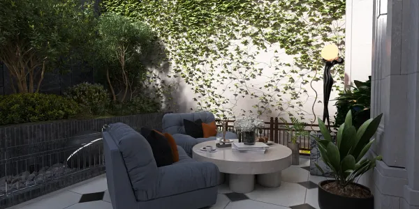 cozy outdoor seating arrangement with a round table and lush greenery backdrop, showcasing modern interior decor elements; features Homestyler's real-time 3D rendering for realistic design visualization.