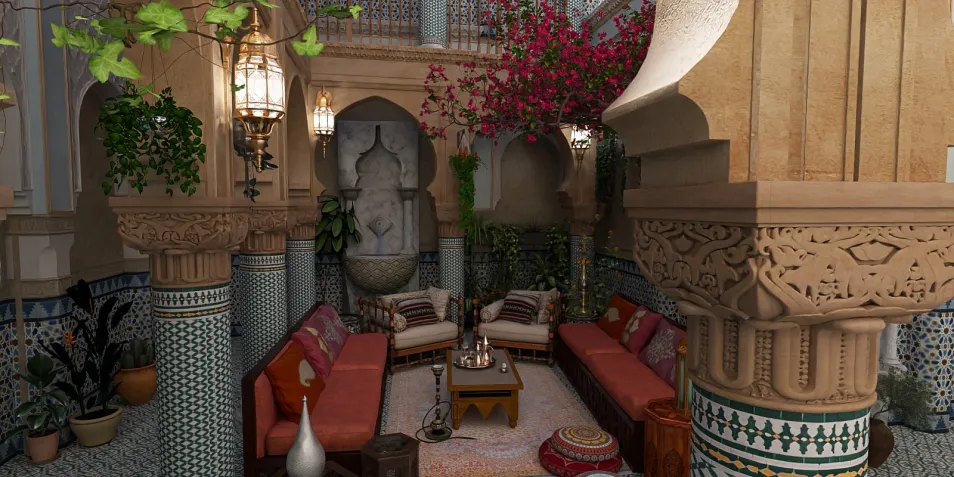 cozy seating area featuring traditional Moroccan decor with vibrant textiles and floral arrangements, embracing a warm and inviting ambiance for relaxing gatherings, showcasing Homestyler's real-time 3D rendering capabilities.