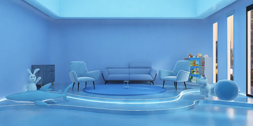 a blue and white room with a blue chair and a blue couch 