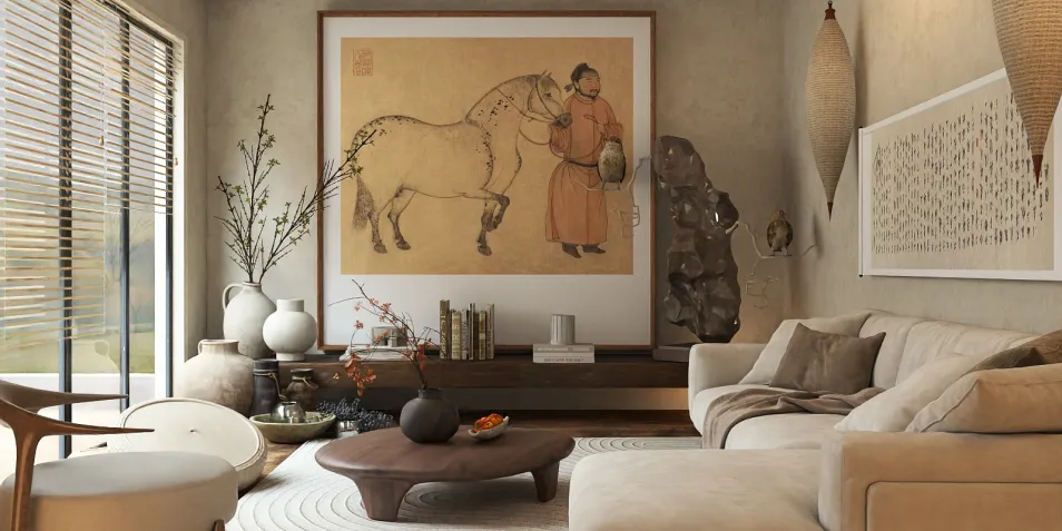 cozy living room with contemporary furniture featuring a vintage horse painting, designed in minimalist style for optimal interior decor, showcasing Homestyler's real-time 3D rendering feature.