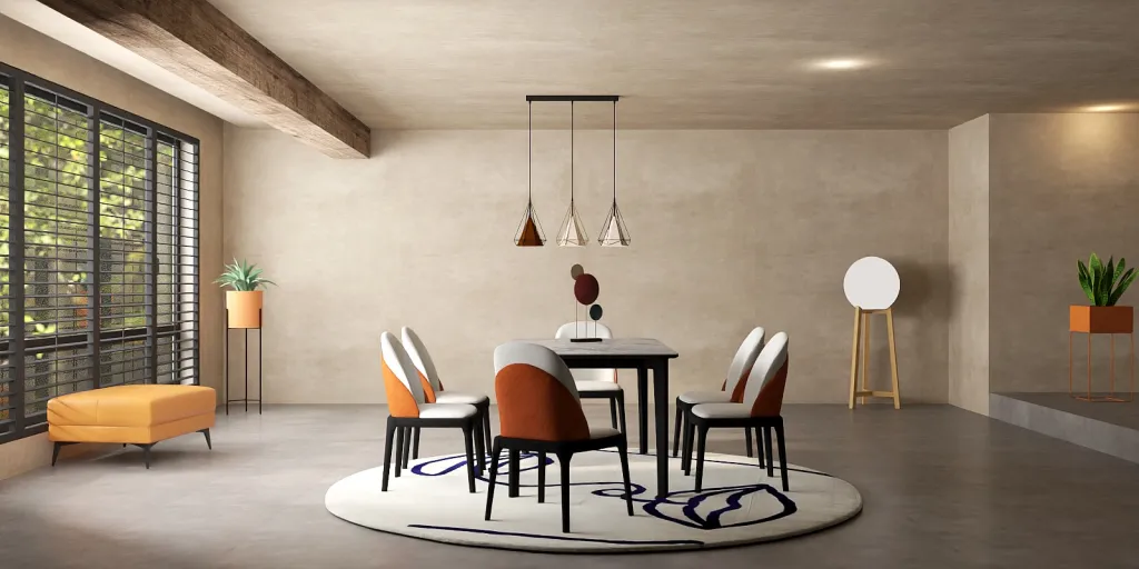 a dining room table with chairs and a table with a lamp 