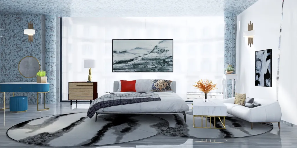 a bedroom with a large painting on the wall 