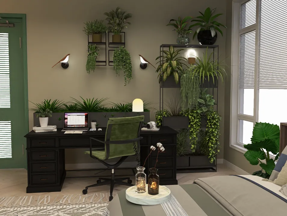 modern home office with desk and greenery styling featuring real-time 3D rendering, creating an inviting workspace in a small interior design.