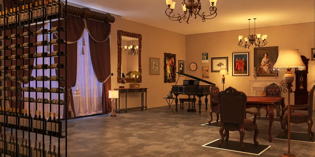 a living room with a piano and a table 