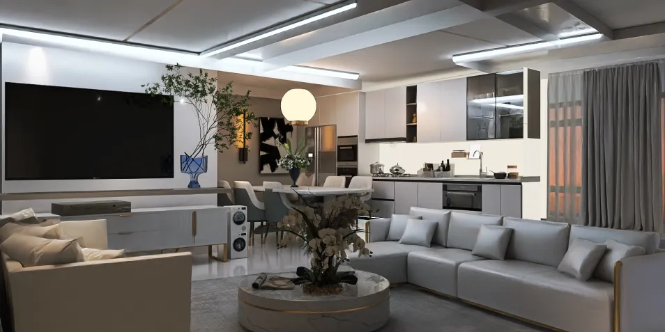 modern living room with open kitchen layout featuring a cozy sofa arrangement, showcasing contemporary design elements, optimized for space utilization with Homestyler's real-time 3D rendering capabilities.