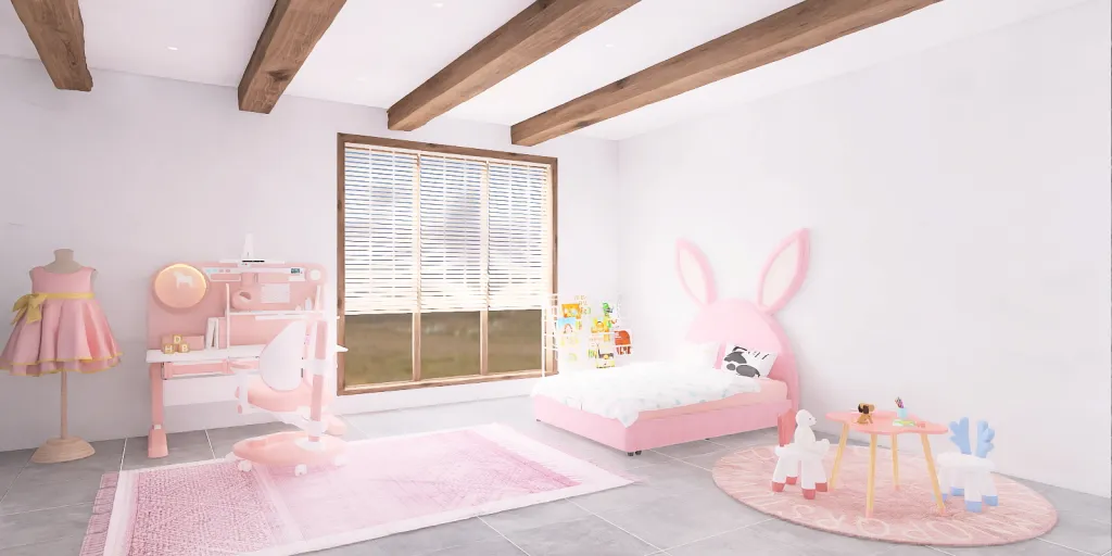 a small child's room with a bed, a table, and a window 