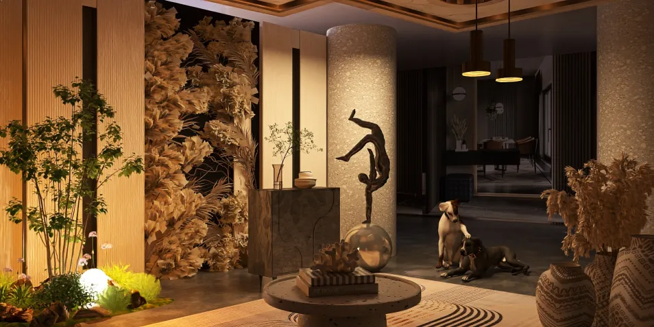 modern living room design featuring artistic sculptures and greenery using immersive 3D rendering with Homestyler for enhanced spatial visualization