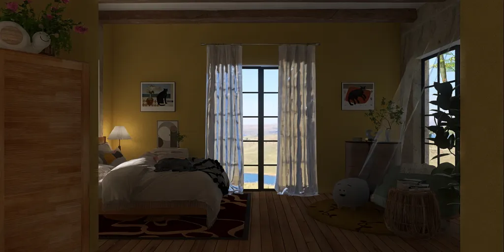a bedroom with a bed, chair, and window 