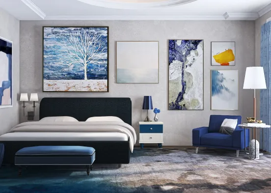 Blue and Yellow Hotel Room Design Rendering