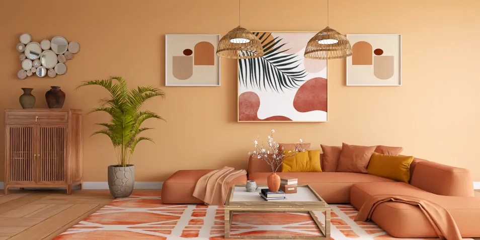modern living room interior design with tropical art and terracotta accents featuring a cozy sofa arrangement optimized with Homestyler's smart furniture layout tool