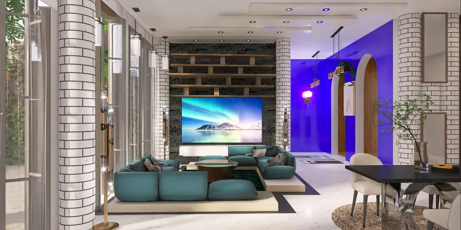 a living room with a large screen tv 