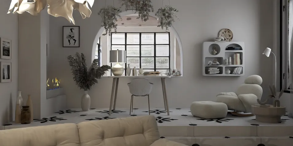 A modern living room featuring a stylish seating area and a chic dining table set up, designed in a minimalist style with neutral colors, showcasing Homestyler's real-time 3D rendering capabilities for interior design.